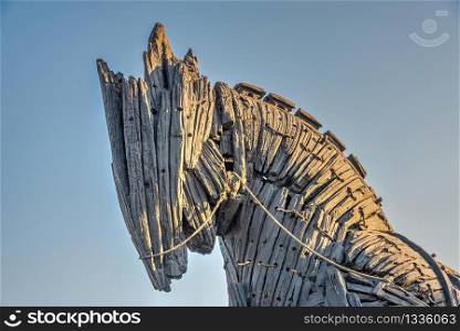 Canakkale, Turkey ? 07.23.2019. Statue of the Trojan horse in Canakkale on a summer morning. Trojan horse in Canakkale, Turkey