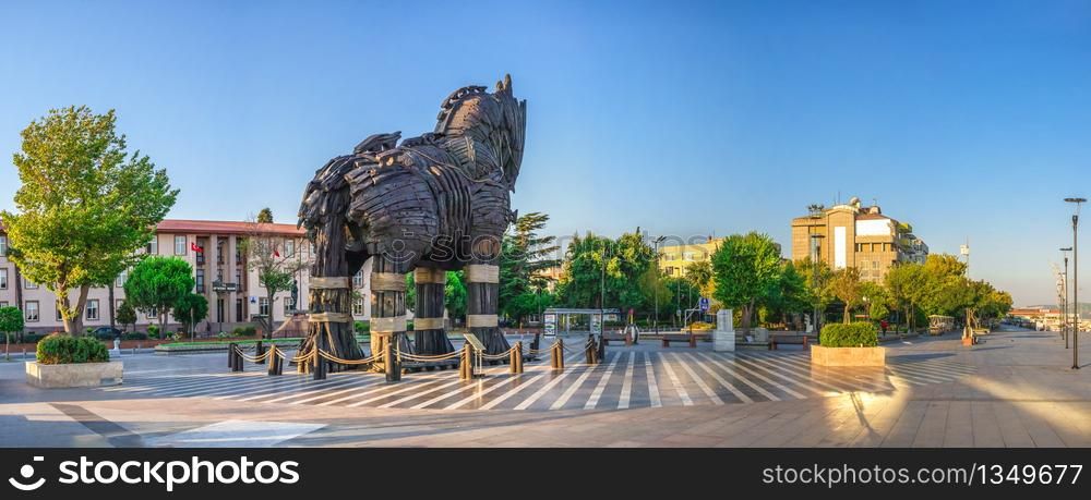 Canakkale, Turkey -07.23.2019. Troy Antique City Open Air Museum on Canakkale Embankment in Turkey on a summer morning. Big size panoramic view. Troy Open Air Museum in Canakkale, Turkey