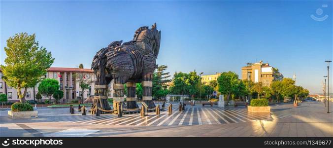 Canakkale, Turkey -07.23.2019. Troy Antique City Open Air Museum on Canakkale Embankment in Turkey on a summer morning. Big size panoramic view. Troy Open Air Museum in Canakkale, Turkey