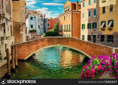 Canal and bridge in Venice at sunset