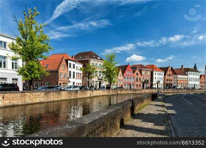 Canal and medieval houses. Bruges  Brugge , Belgium. Houses of Bruges Brugge, Belgium