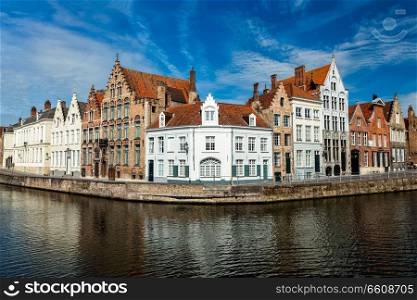 Canal and old houses, Bruges  Brugge , Belgium. Bruges canals