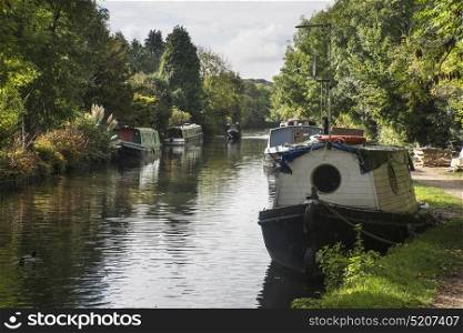 Canal barges on Grand Union Canal at Rickmansworth in Colne Valley Regional Park.