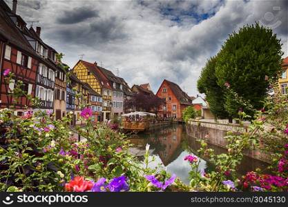 canal in Colmar in Petit Venice , Strasbourg region, France