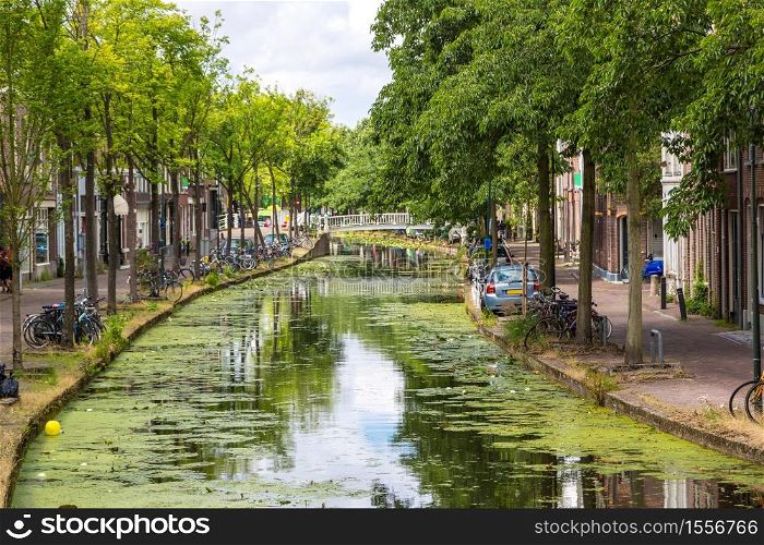 Canal in historical part of Delft in a beautiful summer day, The Netherlands
