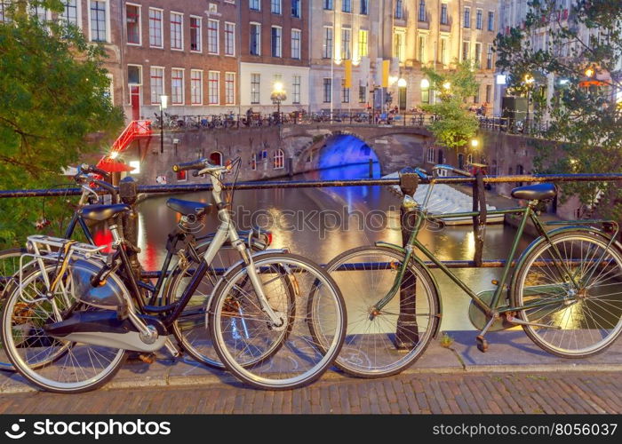 Canal in the historic center of Utrecht in the evening, Netherlands.