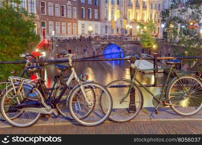 Canal in the historic center of Utrecht in the evening, Netherlands.