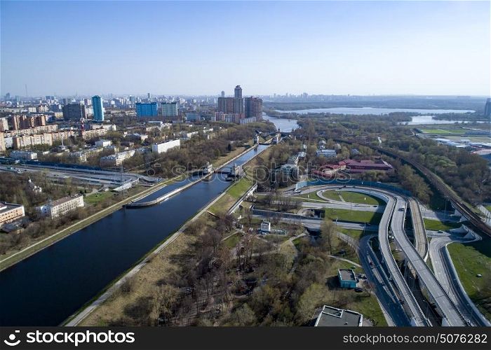 Canal Named After Moscow, Russia. Aerial view of a freeway intersection.