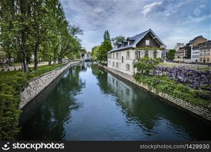 canal view in the medieval old town of Strasbourg, Alsace Region, France