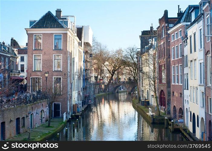 Canals in old town of Utrecht in the day. Netherlands
