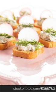 canapes with cream cheese pasta with dill and radish
