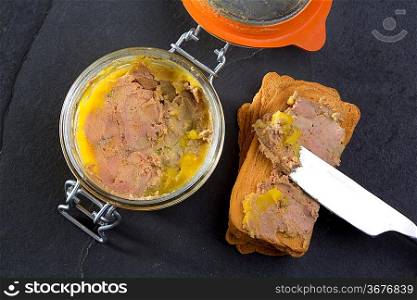 Canard Foie gras Pate made of the liver of a duck or goose with toasted bread slices