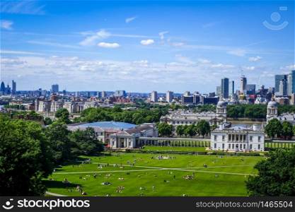Canary Wharf panoramic view from Greenwich Park, London, United Kingdom. Canary Wharf view from Greenwich Park, London, United Kingdom