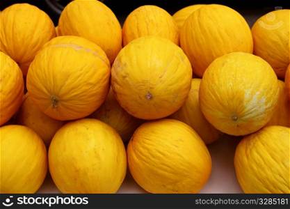 Canary Yellow Melon Indorus melo market stacked rows arrangement