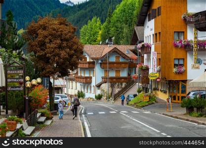 CANAZEI, ITALY - SEPTEMBER 17, 2016: view of the central streets of the ski resort in the canazei. VENICE, ITALY, september 17, 2016