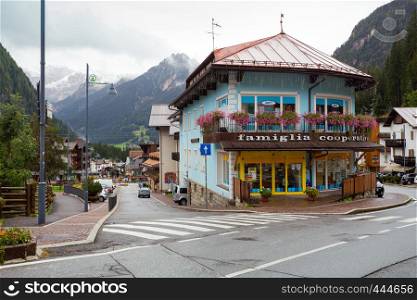 CANAZEI, ITALY - SEPTEMBER 17, 2016: view of the central streets of the ski resort in the canazei. VENICE, ITALY, september 17, 2016