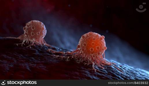 Cancer cells can migrate to other body tissues or organs building metastasis. 3D illustration. A migrating cancer cells