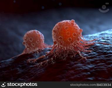Cancer cells can migrate to other body tissues or organs building metastasis. 3D illustration. A migrating cancer cells