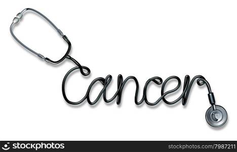 Cancer concept as a doctor stethoscope shaped as written text as a health care medical symbol and icon for cancerous growth diagnosis and treatment to fight against malignant tumor growth on a white background.