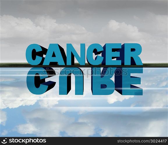 Cancer cure medical treatment success concept as text with a reflection representing medicine research success.