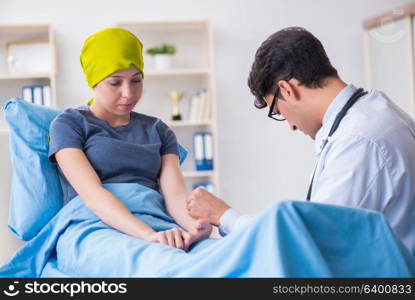 Cancer patient visiting doctor for medical consultation in clini. Cancer patient visiting doctor for medical consultation in clinic