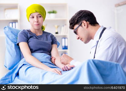 Cancer patient visiting doctor for medical consultation in clini. Cancer patient visiting doctor for medical consultation in clinic