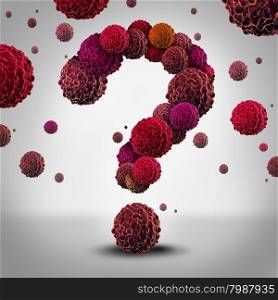 Cancer questions concept as cancerous cells shaped as a question mark spreading and growing as malignant growth in a human body as a symbol for medical information on diagnosis and therapy.