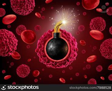 Cancer time bomb warning concept as a dangerous cancerous cell inside a human body with an explosive ready to explode as a symbol for spreading and growing a malignant growth.