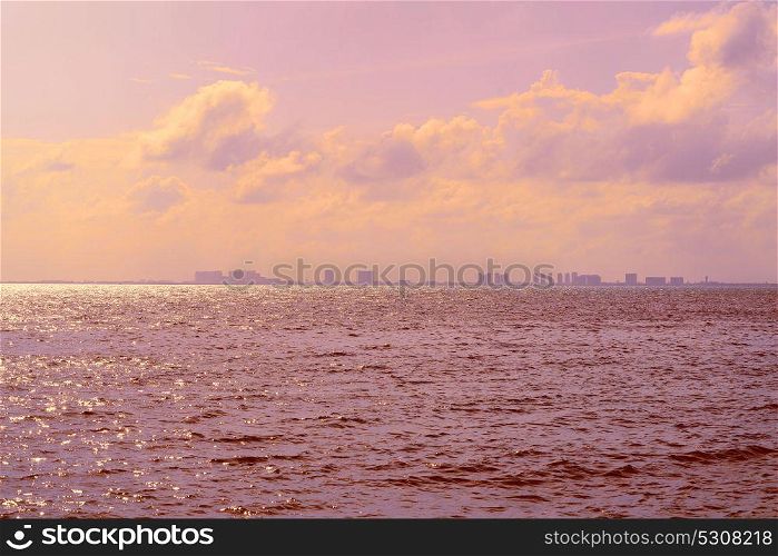 Cancun hotel zone from Isla Mujeres island sunset Riviera Maya in Mexico