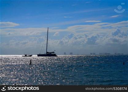 Cancun hotel zone from Isla Mujeres island sunset sailboat Riviera Maya in Mexico