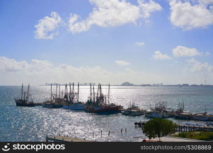 Cancun Hotel zone view from Puerto Juarez and fisher boats in Mayan Mexico