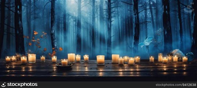 Cand≤s in the dark forest. Halloween background. 3D rendering