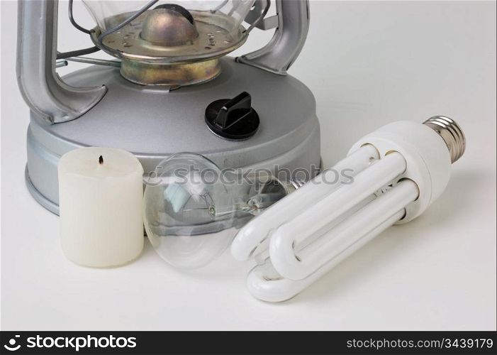 candle, a kerosene lamp, and electric lamps