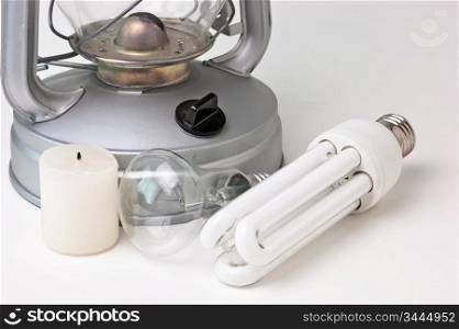 candle, a kerosene lamp, and electric lamps