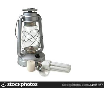 candle, a kerosene lamp, and electric lamps isolated on white background
