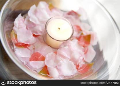 Candle floating in the water of a bowl