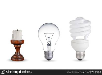 Candle, tungsten light bulb and fluorescent bulb.Isolated on white background
