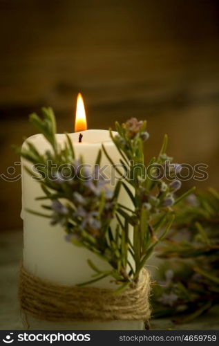 Candles decoration with natural elements. Christmas lighting