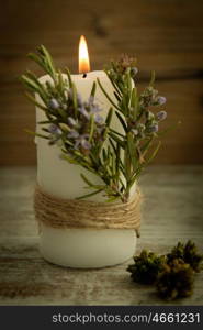 Candles decoration with natural elements. Christmas lighting