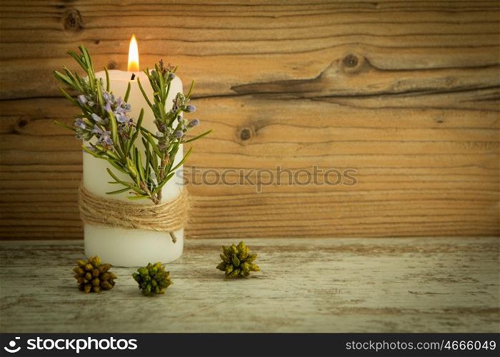 Candles decoration with natural elements. Christmas lighting