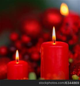 Candles decoration with natural elements. Christmas lighting