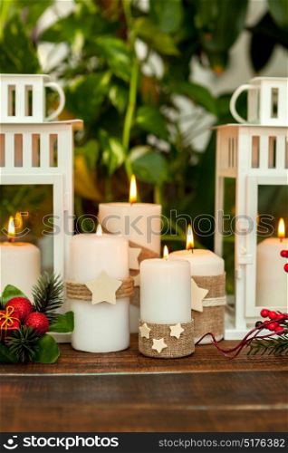 Candles for Christmas at home. Beautiful Holidays decoration