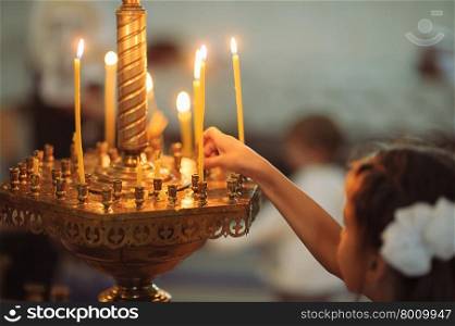 Candles in christian church ortodox peaceful interior
