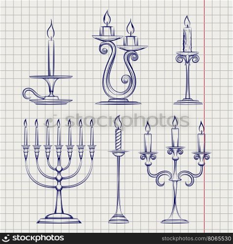 Candles set on notebook page. Hand drawn candles set on notebook page vector illustration