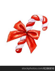 Candy cane decorated with a red bow. Watercolor illustration on a white background