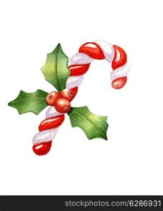 Candy cane decorated with holly branches. Watercolor illustration on a white background