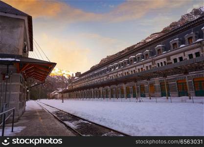 Canfranc train station in Huesca on Pyrenees at Spain
