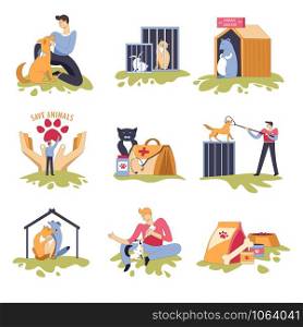 Canine and feline shelter dogs and cats house vector people playing with homeless pets friendly animals paw symbol and health care of mammals medicaments bag with treatment for abandoned doggie.. Canine and feline shelter dogs and cats house