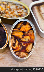 Canister of canned mussels. Healthy meal