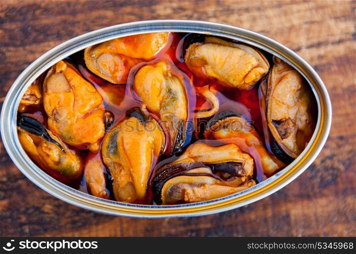 Canister of canned mussels. Healthy meal